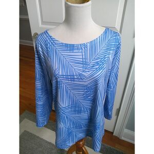 VINEYARD VINES LONG SLEEVE 2 TONE BLUE PALM LEAF TOP, BOAT NECK  LARGE